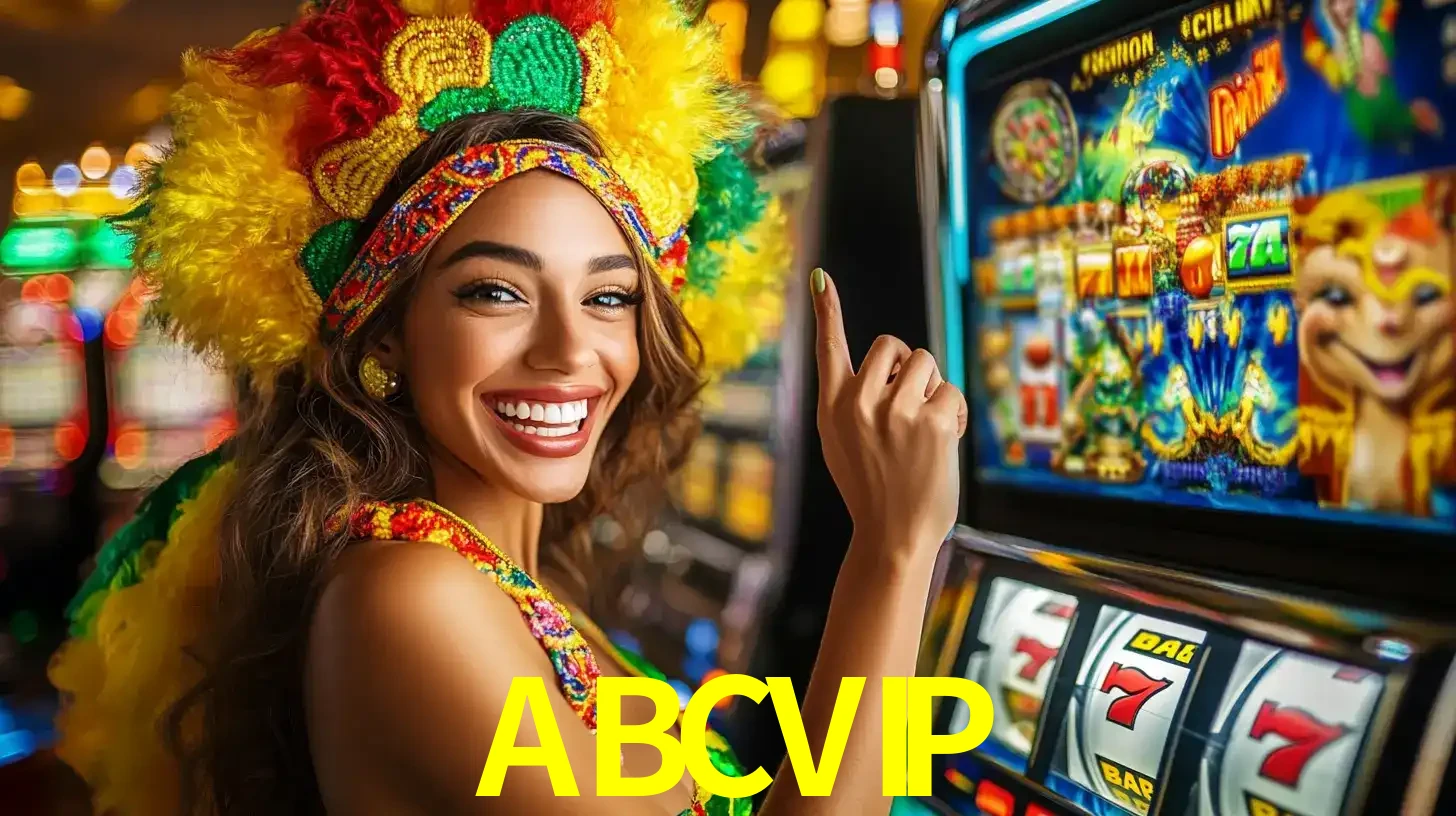 Mulher animada com um cocar de carnaval apontando para uma máquina de caça-níqueis, mostrando a emoção de ganhar um grande prêmio nos jogos do ABCVIP.