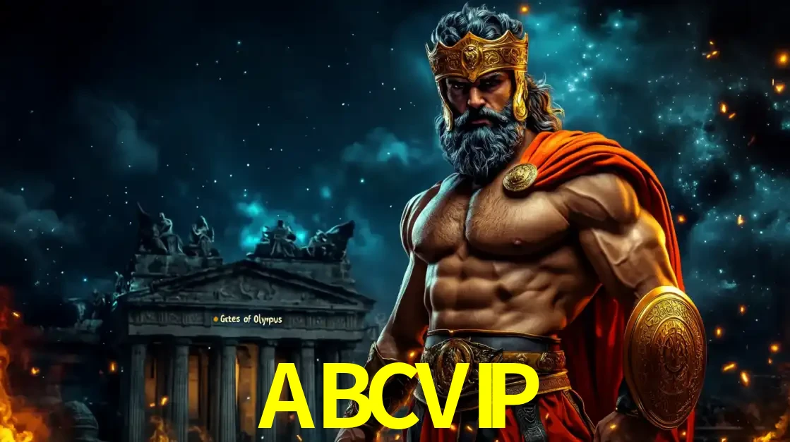 O poderoso Zeus do jogo de slot Gates of Olympus em frente ao seu templo, pronto para lançar multiplicadores divinos e prêmios épicos no cassino online ABCVIP.