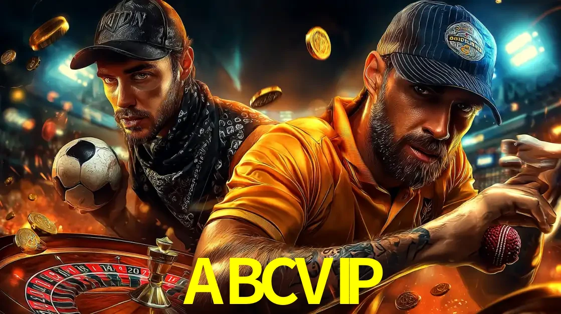 Montagem de apostas esportivas e cassino no ABCVIP, com um homem segurando uma bola de futebol e outro uma de beisebol sobre uma roleta e moedas voadoras.