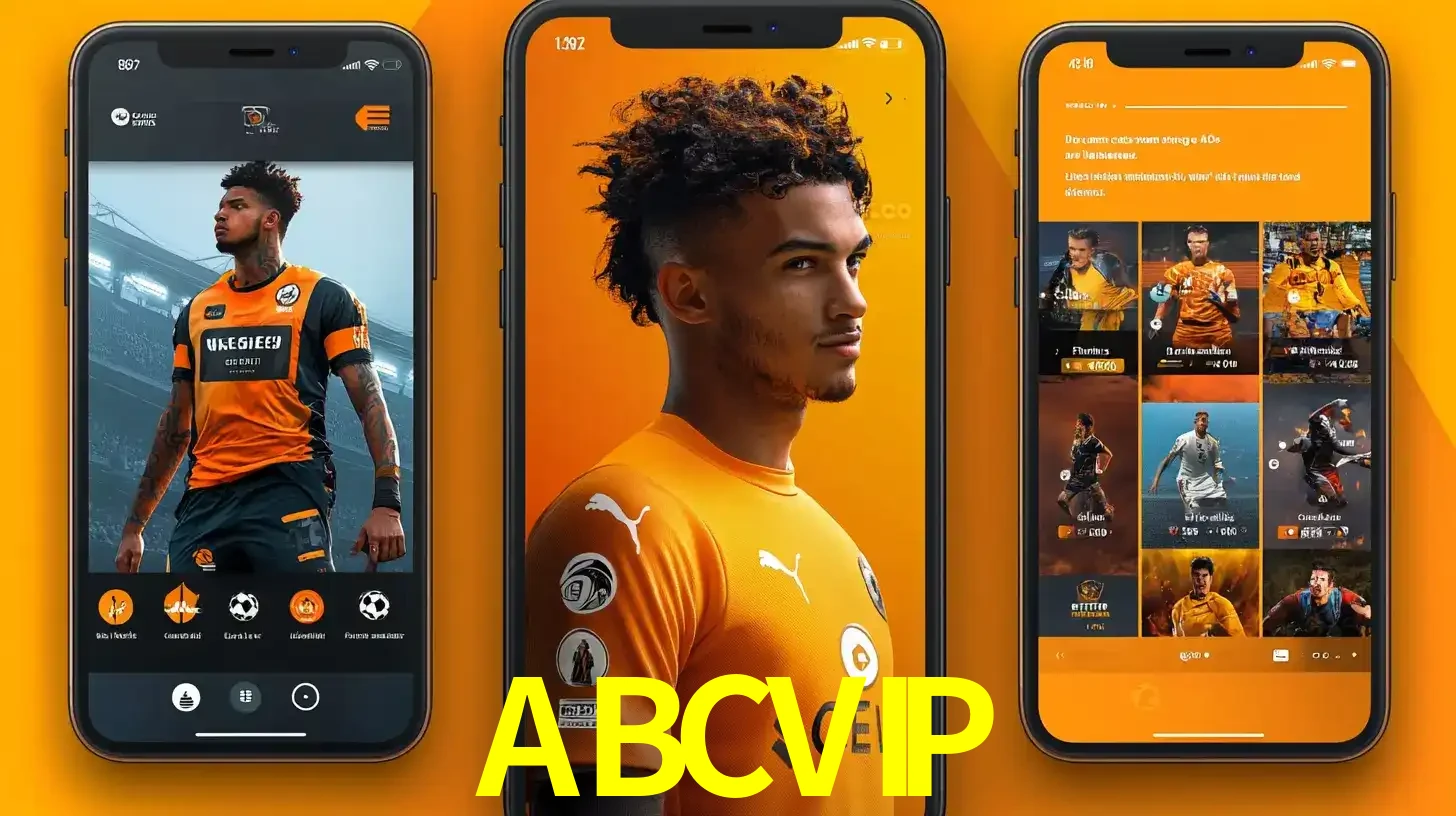 Interface do aplicativo de apostas esportivas ABCVIP em três telas de celular, mostrando o perfil de um jogador de futebol e a lista de jogos disponíveis para apostar.