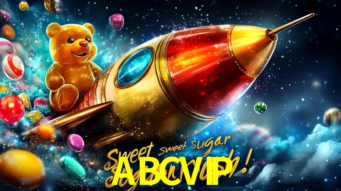 Arte promocional do jogo de slot Sugar Rush, com um urso de pelúcia em um foguete viajando pelo espaço de doces, um dos jogos divertidos disponíveis no cassino ABCVIP.