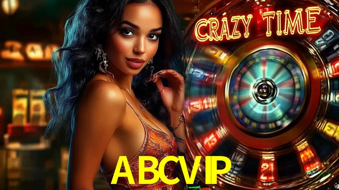 Mulher elegante ao lado da vibrante roda da fortuna do jogo de cassino ao vivo Crazy Time, um dos game shows mais populares e cheios de prêmios do ABCVIP.